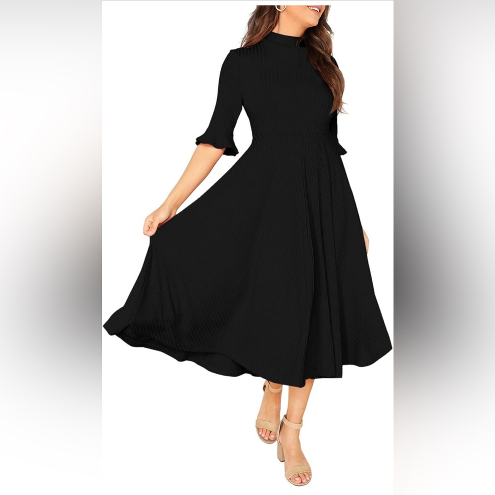 Verdusa Women's Elegant Ribbed Knit Bell Sleeve Fit and Flare Midi Dress